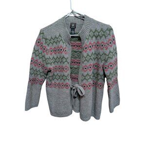Skyr Womens Fair Isle Lambswool Blend Tie-Front Cardigan Sweater M Gray Pink Gre